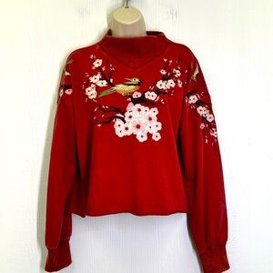 Gimmicks - Red Embroidered Bird Floral Mock Neck Lightweight Sweatshirt Size S